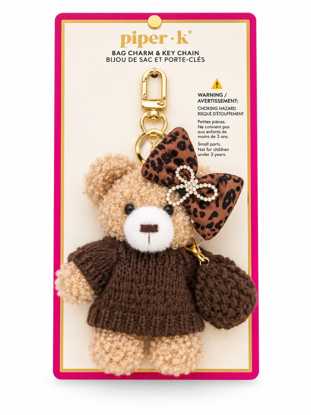 Piper Plush Teddy Bear Bag Charm in Brown with Leopard Bow